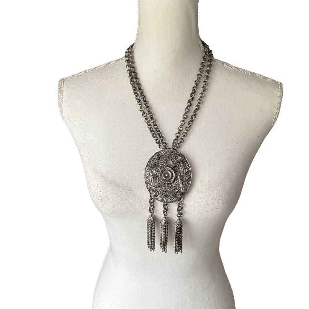 Vintage 70s Necklace Novelty Cutwork Metal Fringe Large Statement Pendant boho